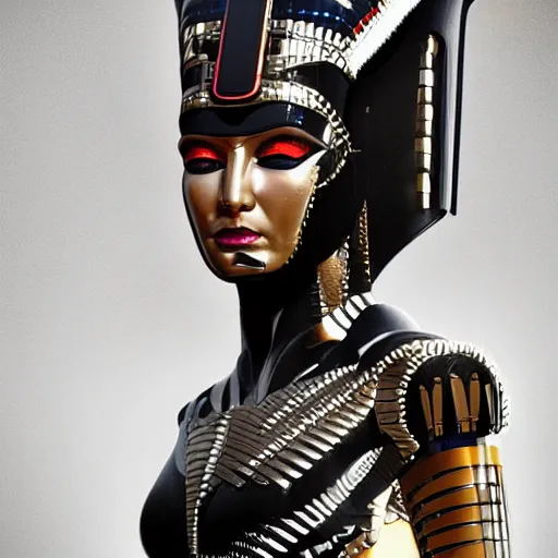 Prompt: full body portrait of the muscular Egyptian Android Pharaoh Queen, by DC comics and Sandra Chevrier and beeple, artstation, volumetric lighting and fog, hyperrealism, hyper detailed futuristic royalty, award winning costume design, cybernetic bionic ancient cyborg, fashion show runway, futuristic fine textures, woven with electricity, high fashion superpowers, floating dust particles, bokeh, mystic haze, 4k UHD, HDR