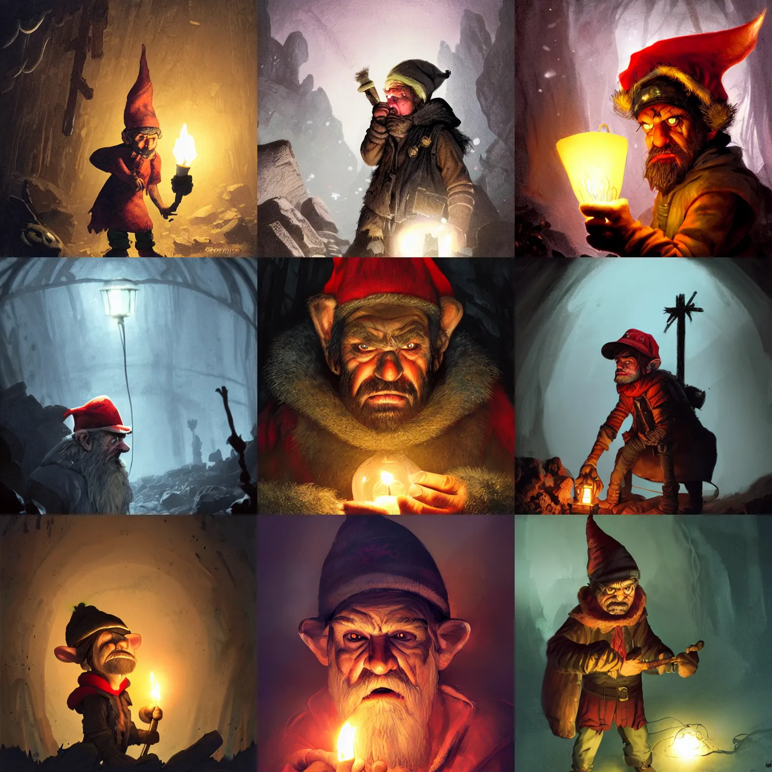 Prompt: an angry, grimy, grumpy miner elf ( with red hat and a glowing latern ) in a pitch black mine, looks into the camera. angry kubrick stare, low key lighting, high contrast, theatrical, fairy tale illustration, character concept art by greg rutkowski and katalin szegedi, and marc simonetti