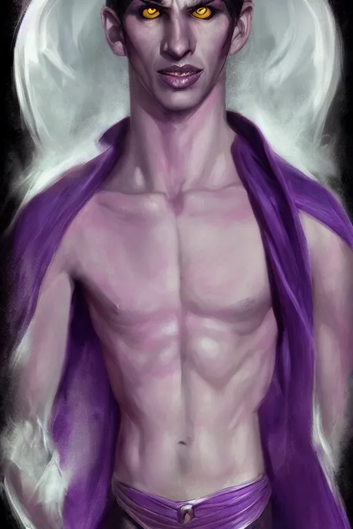 Image similar to male djinn man demon hybrid, portrait, concept art, purple cloak, single face, illustration, costume design, white spiral horns, editorial photo, fashion, hyperrealism, realism, trending on artstation, Charlie Bowater, WLOP