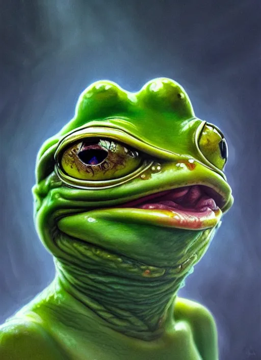 Image similar to slimy pepe the frog, drool, portrait, intricate, elegant, highly detailed, digital painting, artstation, concept art, wallpaper, smooth, sharp focus, illustration, art by h. r. giger and artgerm and greg rutkowski and alphonse mucha