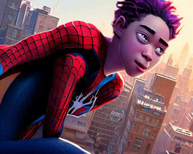 Prompt: highly detailed portrait of jessie buckley, in spider - man : into the spider - verse, stephen bliss, unreal engine, fantasy art by greg rutkowski, loish, rhads, ferdinand knab, makoto shinkai and lois van baarle, ilya kuvshinov, rossdraws, tom bagshaw, global illumination, radiant light, detailed and intricate environment