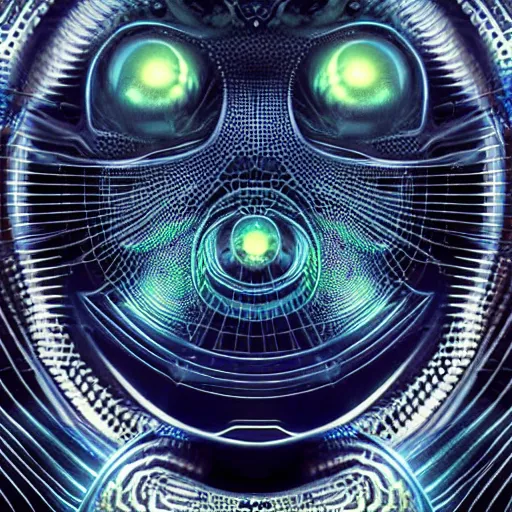 Image similar to an insanely detailed cibernetic artwork of a futuristic artificial intelligence superstar, extremely detailed water texture, centered image, perfectly symmetrical alien face, with frames made of detailed fractals, octane render, 4k, insanely detailed, detailed grid as background, photorealistic digital art, hyper realism, high detail, cgi