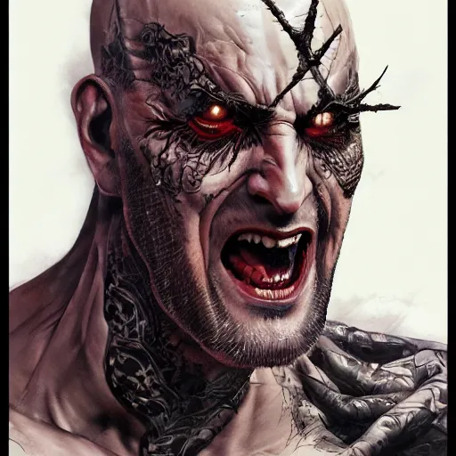 Prompt: bald man with two spikes through his eyes, intricate tattoos around the eyes, wide evil grin, character close up, art by karol bak, yohi shinkawa, yoshikata amano, ultrafine detail, artstation, high quality