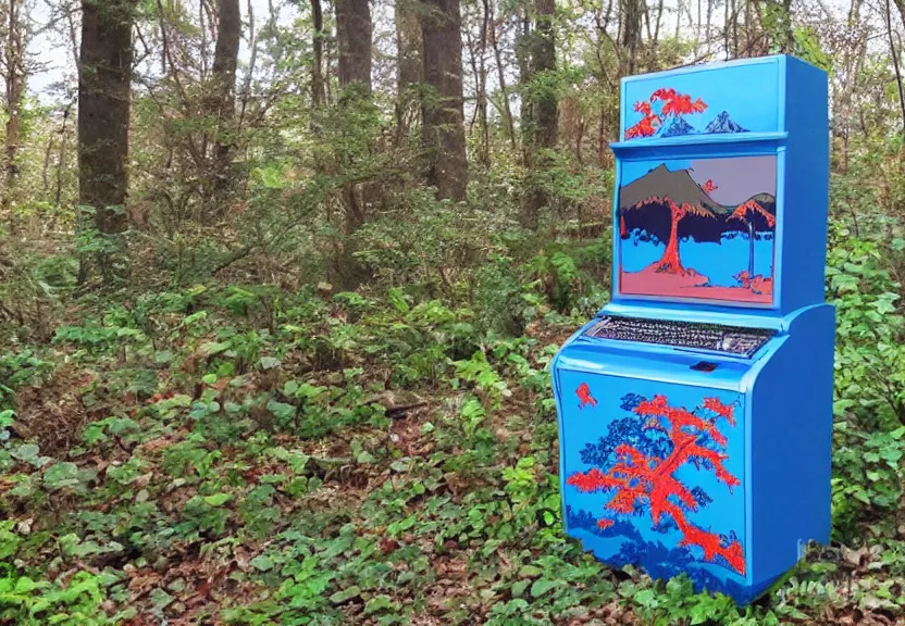 Prompt: A retro computer in the woods painted in the style of Katshushika Hokusai