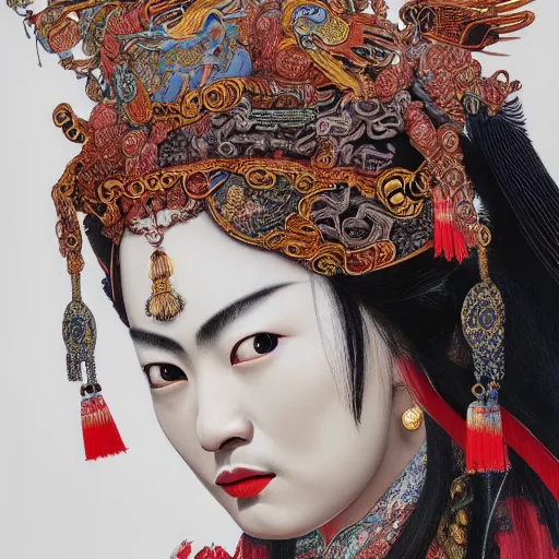 Prompt: ancient chinese goddess, luan bird, artstation, by frida kahlo, by yoshitaka amano, illustration, cinematic, closeup - view, cinecolor, insanely detailed and intricate, hypermaximalist, elegant, ornate, hyper realistic, super detailed, character design, symmetrical face