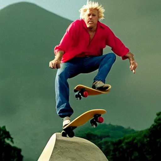 Prompt: gary busey doing a sweet skateboard trick off the lip of a volcano, movie still