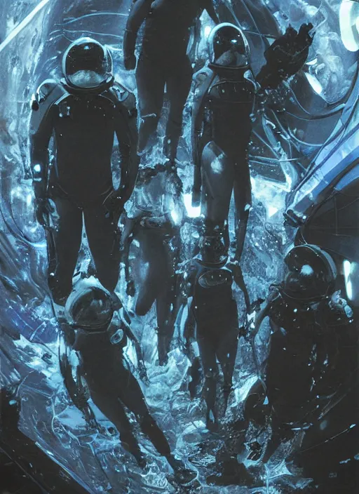 Image similar to astronauts in dark void underwater - complex and hyperdetailed technical suit. reflection and dispersion materials. rays and dispersion of light. volumetric light. f / 3 2. noise film photo. flash photography. ultra realistic, wide angle. poster by wayne barlowe, hajime sorayama aaron horkey, craig mullins