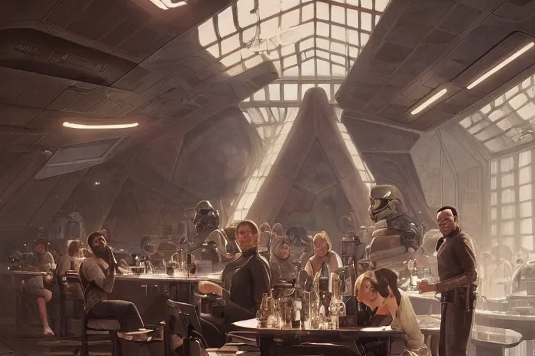 Prompt: ultra realistic illustration, cantina interior from star wars and star trek, intricate, elegant, highly detailed, digital painting, artstation, concept art, smooth, sharp focus, illustration, art by artgerm and greg rutkowski and alphonse mucha