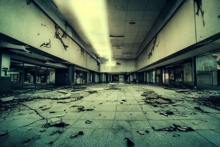 Prompt: low angle photo of a abandoned cyberpunk shopping mall, a crew of high tech soldiers are running out, dead human bodies on the floor, cinematic lightning, ray tracing, unreal engine, photorealistic, detailed, dark, moody, foggy, scary