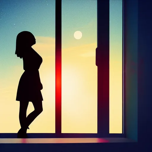 Image similar to a silhouette of a girl looking out a large window at a space scene, lofi aesthetic volumetric lighting, dramatic, realistic, intense