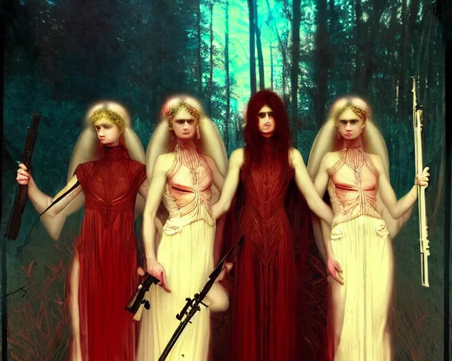 Image similar to three soldiers with beautiful angelic faces, wearing psychedelic wicca, in wedding dresses, red neon weapons, full body, dark and mysterious, atmospheric, ominous, eerie, cinematic light, epic, 8 k 3 d, ultra detail, ultra realistic, by wlop, by mucha, by giger