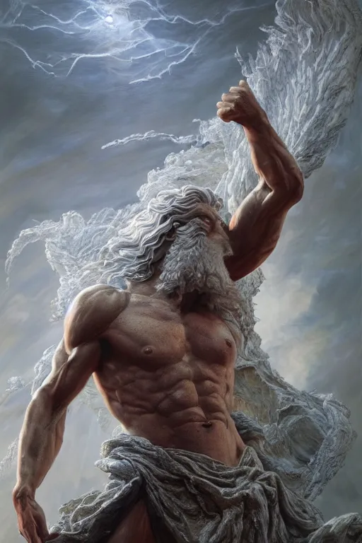 Image similar to hyperrealistic mixed media painting of zeus, full body, stunning 3 d render inspired art by p. craig russell and barry windsor - smith dim volumetric lighting, 8 k octane beautifully detailed render, post - processing, intricate, epic composition, grim yet sparkling atmosphere, cinematic lighting