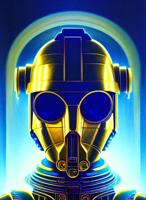 Prompt: symmetry portrait of c 3 p 0, sci - fi, tech wear, blue and yellow glowing lights, intricate, elegant, highly detailed, digital painting, artstation, concept art, smooth, sharp focus, illustration, art by artgerm and greg rutkowski and alphonse mucha