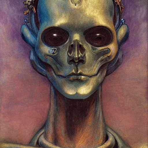 Image similar to grieving android wearing the bone crown, by Annie Swynnerton and Diego Rivera , symbolist, dramatic lighting, elaborate geometric ornament, Art Brut, soft cool colors,smooth, sharp focus, extremely detailed, Adolf Wölfli and (Donato Giancola)