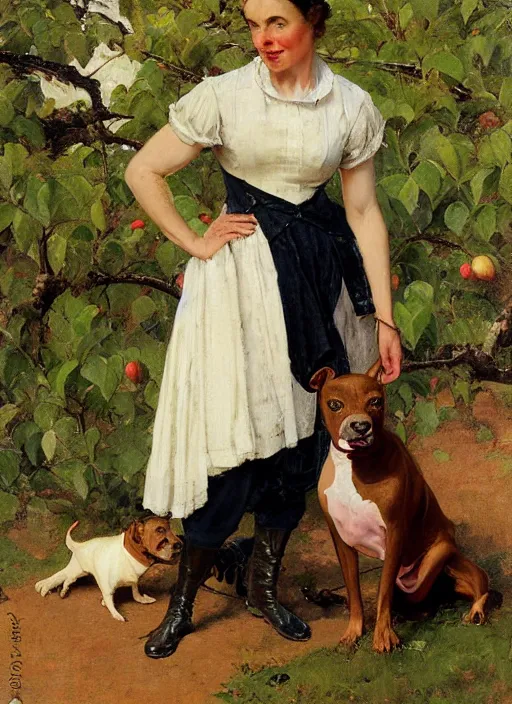 Image similar to illustration full body portrait of elegant slim mature woman standing beside staffordshire bull terrier in orchard, by norman rockwell, roberto ferri, daniel gerhartz, tom lovell, dean cornwell