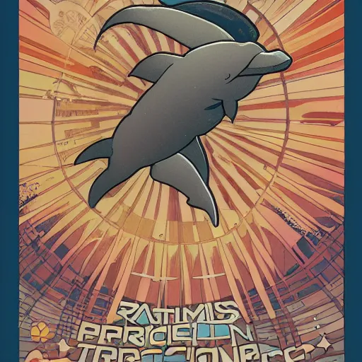 Image similar to a dolphin leaps out of the ocean, astral projection, astral travel, space background, cinematic, detailed, very realistic, by Alphonse Mucha, Moebius, Laurie Greasley, 8k