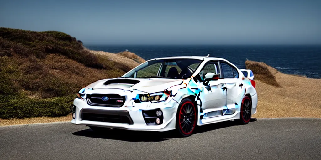 Prompt: photograph, 2015 Subaru WRX STi, cinematic, PCH, california coast, ocean view, 8k, depth of field, bokeh.