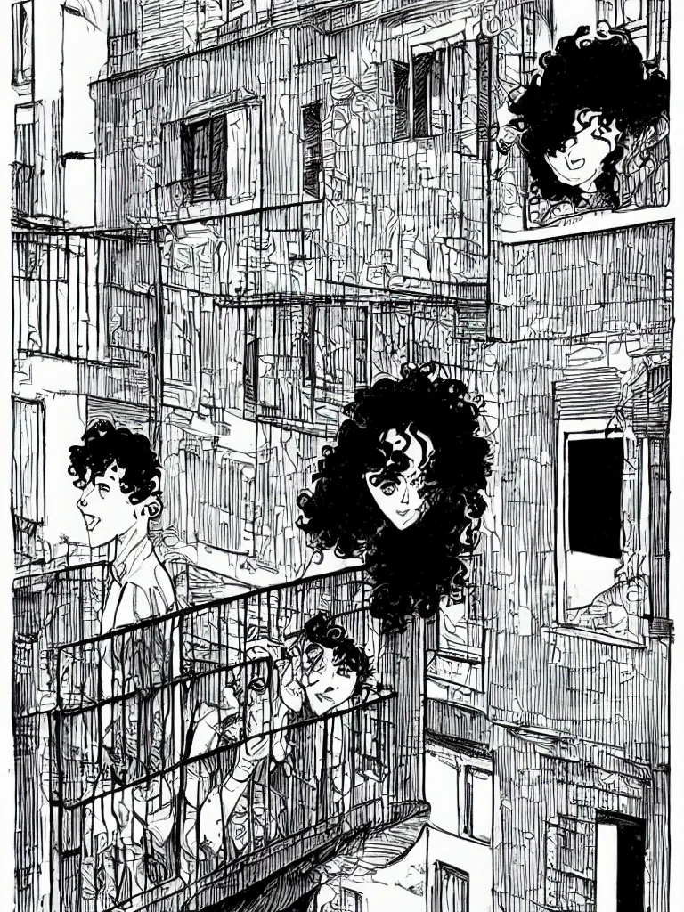 Prompt: a teenager with a big nose and curly black hair staring boringly out of a balcony, graphic novel, by andrea pazienza