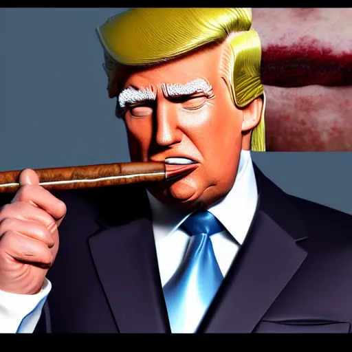 Image similar to a high quality photo of donald trump smoking a cigar, anatomically accurate eyes, 3d scene, render, ultra realistic, artstation, cgsociety