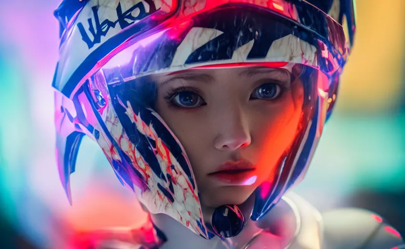 Prompt: beautifully lit medium close up photo of a white marble statue of an anime girl with colorful motocross logos and motorcycle helmet with closed visor, colorful smoke in the background, carved marble statue, fine art, neon genesis evangelion, virgil abloh, offwhite, denoise, highly detailed, 8 k, hyperreal