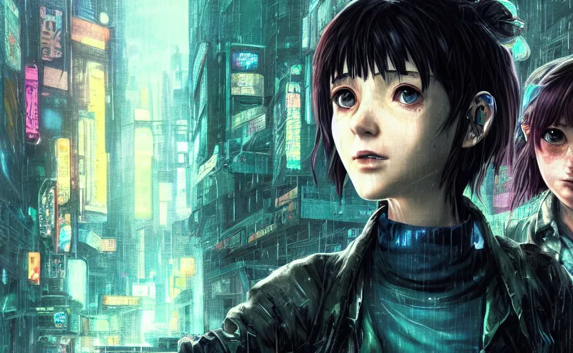 Image similar to an epic fantasy comic book style portrait painting of an extremely cute and adorable very beautiful cyberpunk lain ( serial experiments lain ) and ellie ( the last of us ) in the rain, neon reflections, character design by mark ryden and pixar and hayao miyazaki, unreal 5, daz, hyperrealistic, octane render, cosplay, rpg portrait, dynamic lighting, intricate detail, cinematic