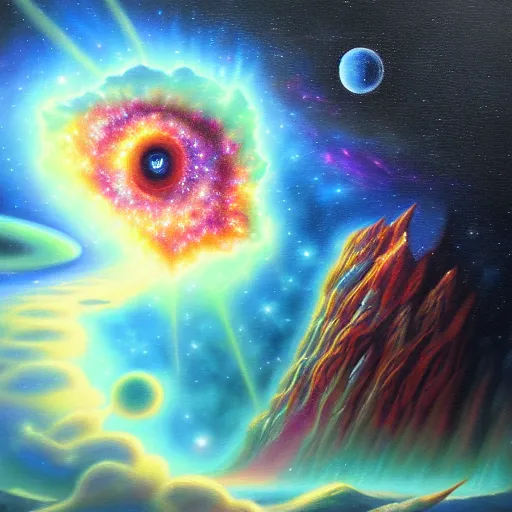 Prompt: great rage, galactic nebular astral realm sacred journey in oil painting, trending on artstation, award winning, emotional, highly detailed surrealist art