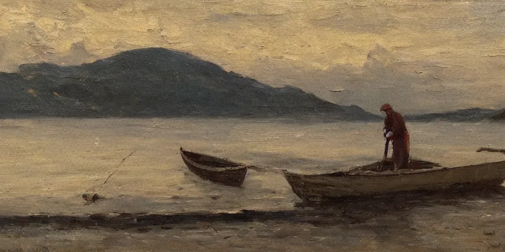 Image similar to old fisherman at work on his boat. early morning. late 1 9 th century. oil on canvas.