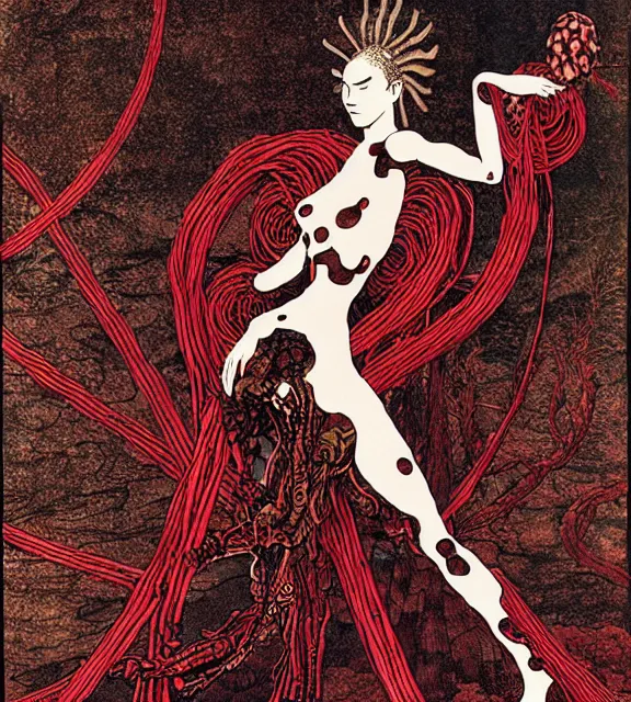 Image similar to still frame from Prometheus harvest goddess cyborg in crimson filament mycelium dressed by Neri Oxman and alexander mcqueen metal couture haute couture editorial by utagawa kuniyoshi by giger