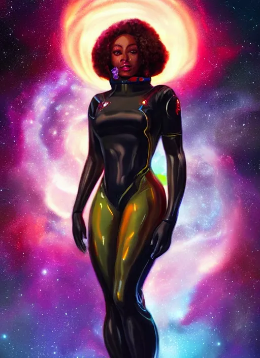 Image similar to beautiful black woman in an advanced spacesuit in front of exploding nebulae halos, digital illustration trending on artstation by artgerm and rutkowski