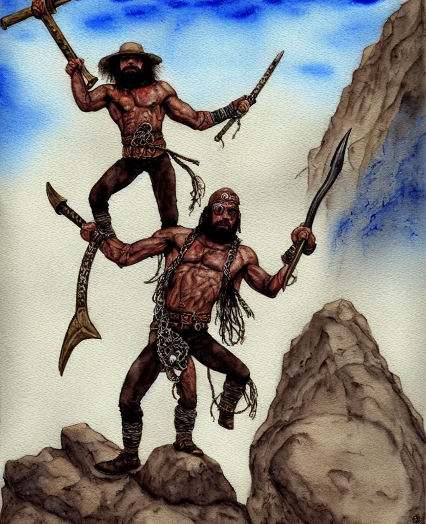 Prompt: randy savage with an anchor weapon slung over his shoulder and foot heroically on a boulder posing alone in desolate wasteland | portrair | fantasy watercolour painting | middle earth | conan | darksun | d & d dungeons and dragons | barbarian