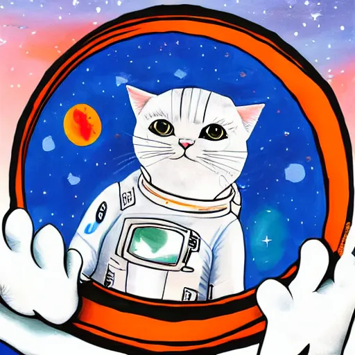 Prompt: ln illustration cat wearing astronaut suit on the moon planet earth in the background sigma 1 4 mm f / 1. 8 astroied belt