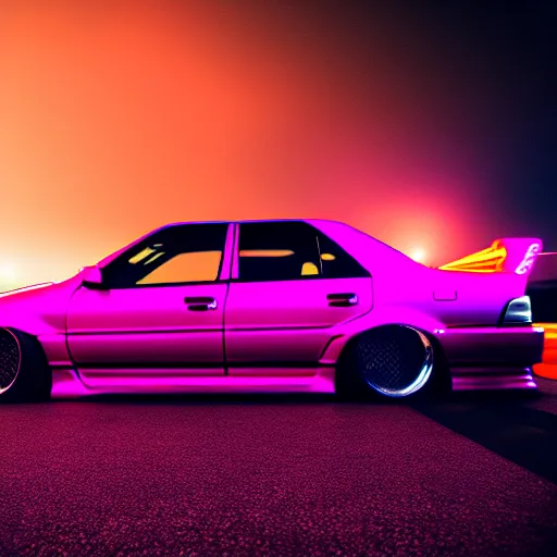 Image similar to a car JZX100 twin-turbo at illegal car meet, Saitama prefecture, city sunset mist neon lights, cinematic color, photorealistic, highly detailed, 200MM