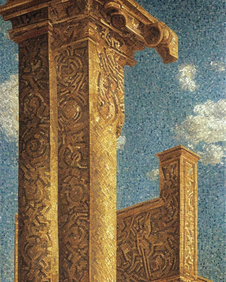 Prompt: achingly beautiful painting of intricate ancient roman corinthian capital on radiant mosaic background by rene magritte, monet, and turner. giovanni battista piranesi.