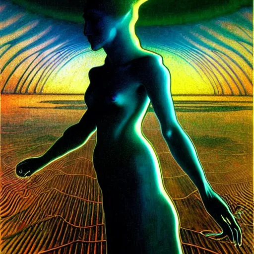 Prompt: realistic extremely detailed portrait painting of a glowing silhouette, futuristic sci-fi landscape on background by Jean Delville, Amano, Yves Tanguy, Alphonse Mucha, Ernst Haeckel, Edward Robert Hughes, Roger Dean, rich moody colours, blue eyes