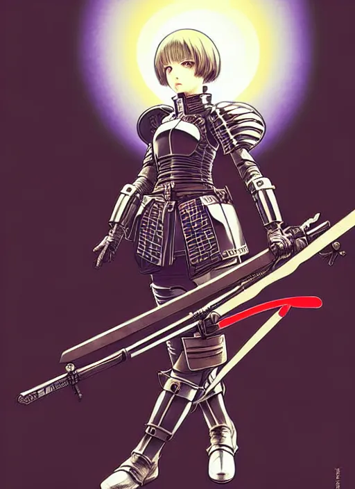 Image similar to katsuhiro otomo, ilya kuvshinov anime female knight in ornate armor, last exile, murata range, fine detail, perfect, dramatic lighting, dynamic composition, art deco, cel shading, vivid, rich texture, alphonse mucha, ( ( ( colorful ) ) ), ( ( ( yoshinari yoh ) ) ),