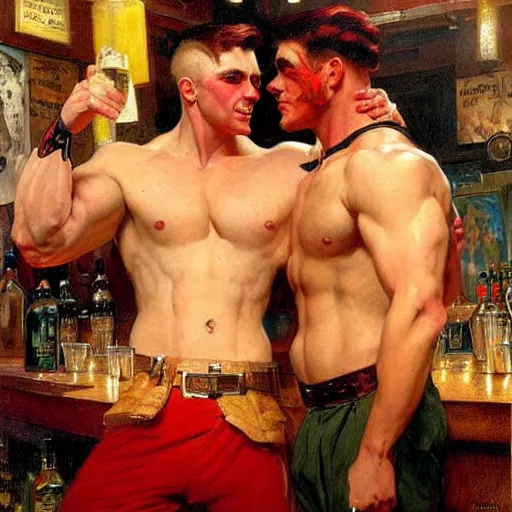 Image similar to attractive muscular male with red hair and muscular attractive male with black hair, drinking their hearts out, in a pub. very defined and highly detailed painting by j. c. leyendecker, gaston bussiere, craig mullins 8 k