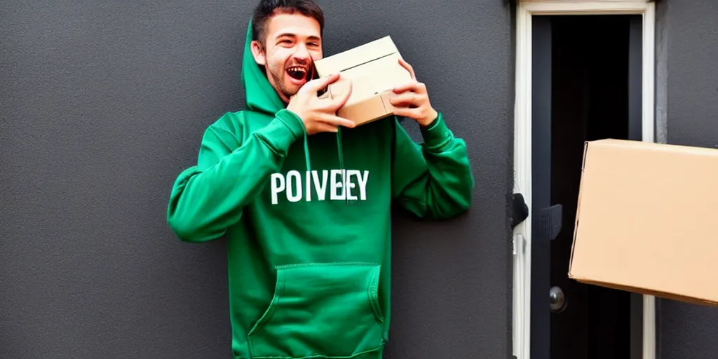 Prompt: delivery-man bring a dark green hoodie, man standing near the house, welcoming the postman receiving package and cry of happiness
