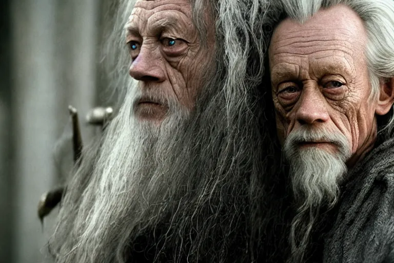 Image similar to lance henriksen as gandalf stood outside orthanc, style of h. r. giger, directed by david fincher, muted tones, detailed lance henriksen facial feature