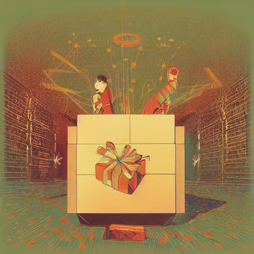 Image similar to infinite gift box inside gift box inside gift box inside gif box, like matriochkas, illustration by victo ngai