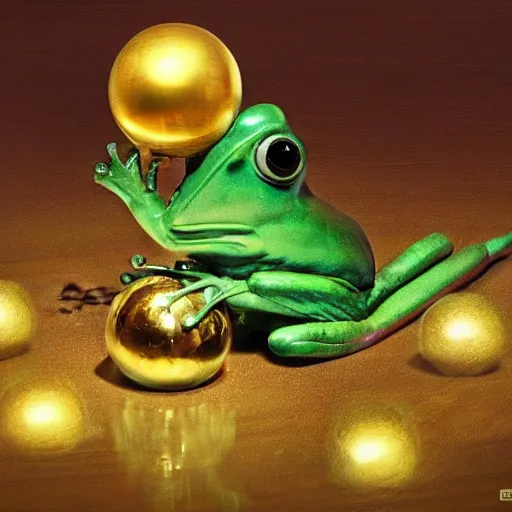 Prompt: long shot of a cute frog playing with golden metal balls, by esao andrews, by m. w. kaluta, volumetric light, rich colors, very humorous oil painting, realistic reflections, smooth, concept art, depth perception, high depth of field, 4 k, unreal engine 5, ultradetailed, hyperrealistic, artstation