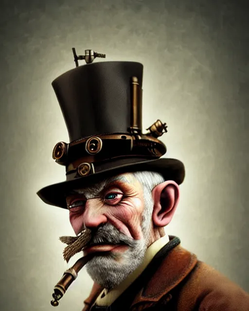 Image similar to steampunk old man portrait, handsome, steampunk hat, detective coat, steampunk monocle, smoking pipe, hyper realistic 3 d render by ilya kuvshinov, peter mohrbacher, greg rutkowski, ryohei hase, dramatic lighting, intricate, highly detailed, sharp focus, luminous, unreal engine, blender, deviant art, masterpiece, ray tracing