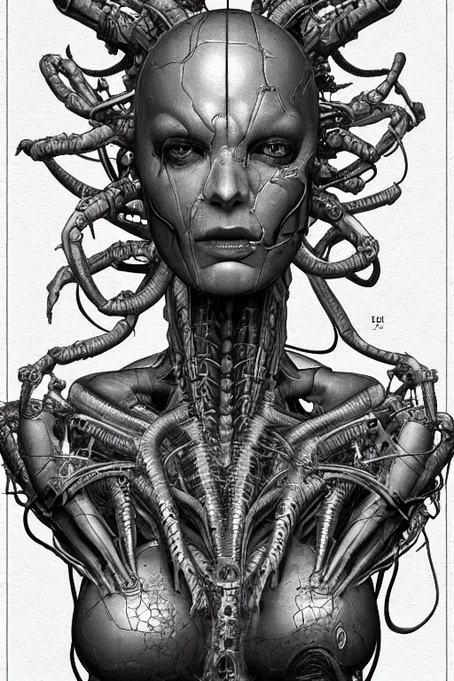 Image similar to cyborg medusa with gunmetal grey skin, medical anatomy, very symmetrical face, highly detailed, mecha, three - perspective / three - view reference sheet ( front / back / side ), in the style of dan ouellette, hr giger, sil from species, dren from splice, biomechanical, artstation, unreal engine