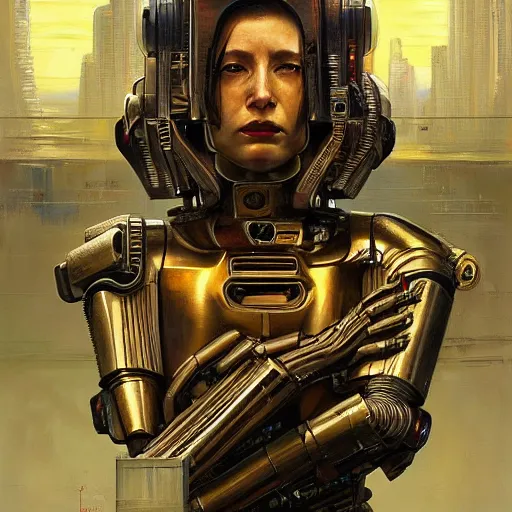 Prompt: a beatiful painting of portrait, C3P0, cyberpunk, by Mizuri AU and Soufiane Idrassi and BONDARTS and Tomasz Alen Kopera and Klaus Wittmann and Deathburger and Daniel Romanovsky and Aku, trending on artststion