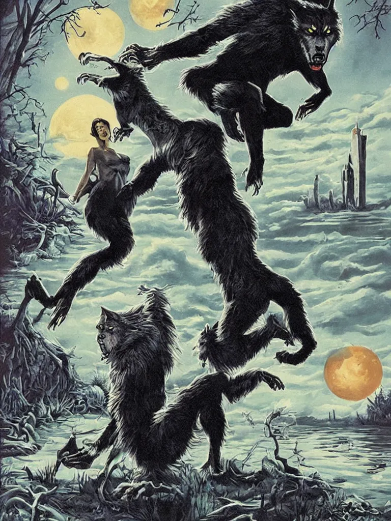 Image similar to werewolf grandmother by the lake, forbidden planet, pulp sci fi, poster