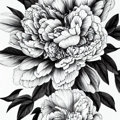 Prompt: peony, aesthetic, botanical art, boho, black ink on white paper
