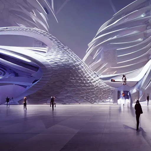 Image similar to a futuristic highly detailed temple to artificial intelligence designed by zaha hadid, humans pointing at a statue of an ai cyborg resembling athena, glowing lights, immersive experience, panoramic view, unreal engine