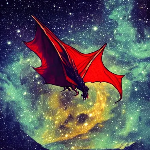 Prompt: a dragon made out of stars flying in the night sky above a red sea