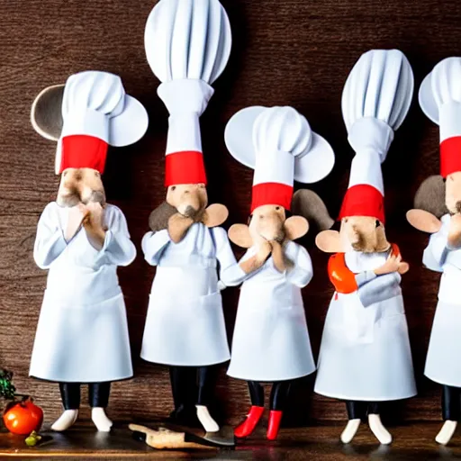 Prompt: group of mice wearing chef hats, cooking steak in the kitchen