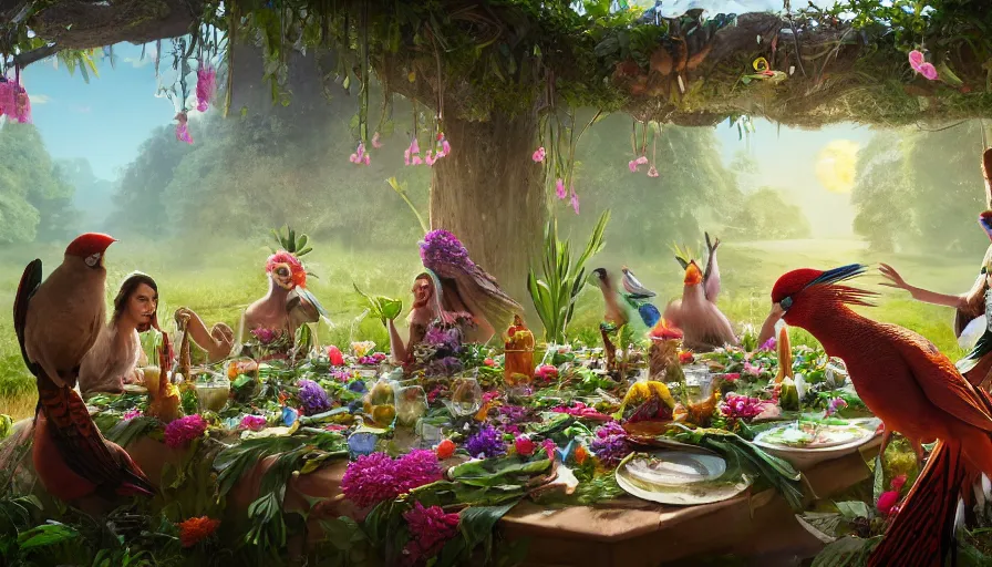 Image similar to a table dinner of exotic birds where birds are dressed like the characters from the midsommar movie wearing flowers, realistic detailed digital art by maxwell boas jessica rossier christian dimitrov anton fadeev trending on artstation cgsociety rendered in unreal engine 4 k hq