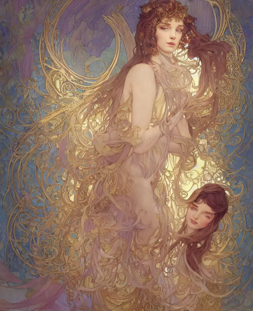 Prompt: an angel, highly detailed, very intricate, art nouveau, gold filigree, romantic storybook fantasy, soft cinematic lighting, award - winning, disney concept art watercolor illustration by mandy jurgens and alphonse mucha and alena aenami, pastel color palette, featured on artstation